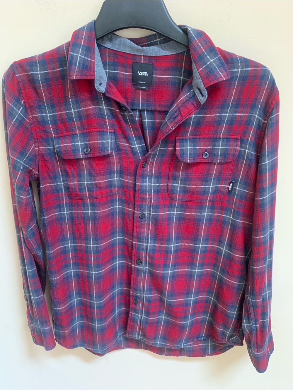 Vans Off the Wall Sz XL Skater Red Blue Plaid Pockets Button Shirt